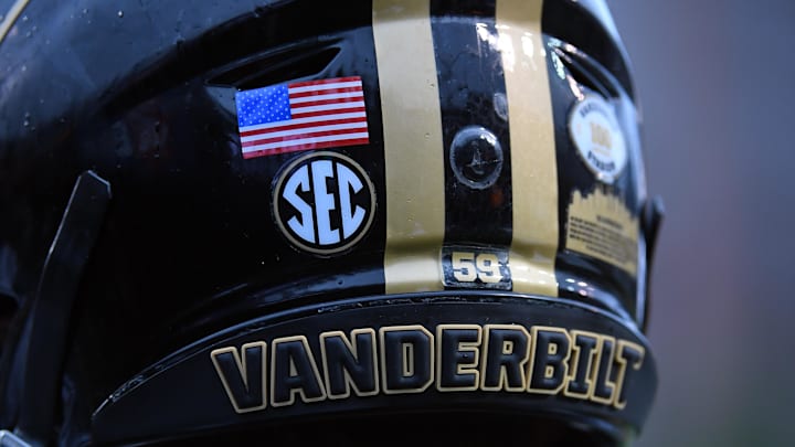 Sep 3, 2022; Nashville, Tennessee, USA; View of the helmet worn by Vanderbilt Commodores defensive end Nicholas Rinaldi (59) before the game against the Elon Phoenix at FirstBank Stadium. Mandatory Credit: Christopher Hanewinckel-Imagn Images