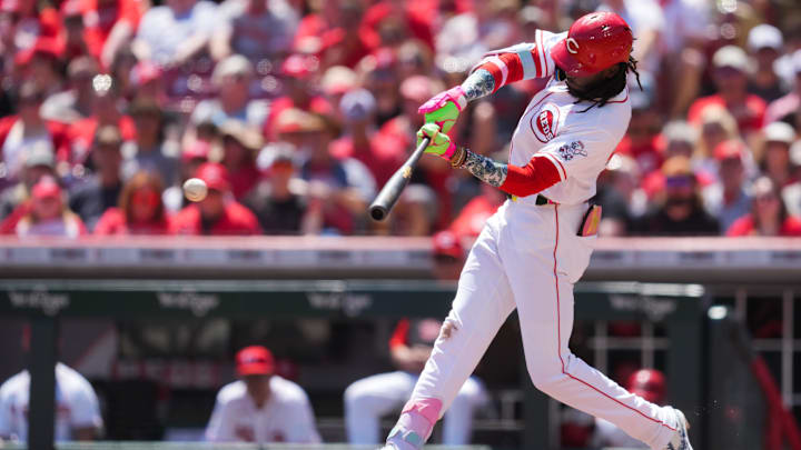 May 10, 2026; Cincinnati, Ohio, USA;  Cincinnati Reds shortstop Elly de la Cruz (44) singles against the Houston Astros in the fourth inning at Great American Ball Park. Mandatory Credit: Aaron Doster-Imagn Images