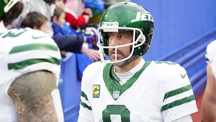 Dec 29, 2024; Orchard Park, New York, USA; New York Jets quarterback Aaron Rodgers (8) walks out onto the field prior to the game against the Buffalo Bills at Highmark Stadium. Mandatory Credit: Gregory Fisher-Imagn Images Dec 29, 2024; Orchard Park, New York, USA; New York Jets quarterback Aaron Rodgers (8) walks out onto the field prior to the game against the Buffalo Bills at Highmark Stadium. Mandatory Credit: Gregory Fisher-Imagn Images