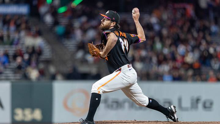 Jul 7, 2026; San Francisco, California, USA; San Francisco Giants pitcher Ryan Walker (74) throws a pitch during the ninth inning against the Toronto Blue Jays at Oracle Park. Mandatory Credit: Bob Kupbens-Imagn Images
