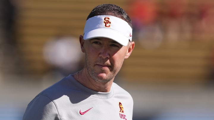 Oct 28, 2023; Berkeley, California, USA; USC Trojans head coach Lincoln Riley walks on the field before a game against the California Golden Bears at California Memorial Stadium. Mandatory Credit: Darren Yamashita-Imagn Images