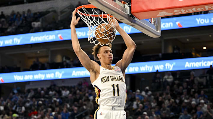 Jan 15, 2024; Dallas, Texas, USA; New Orleans Pelicans guard Dyson Daniels (11) dunks the ball