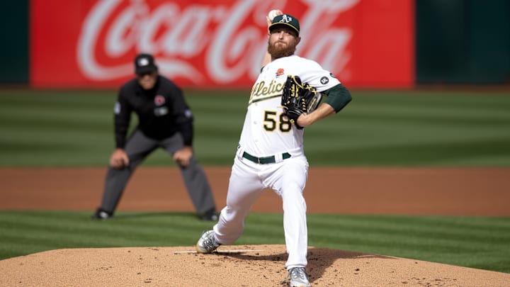 May 29, 2023; Oakland, California, USA; Oakland Athletics starting pitcher Paul Blackburn (58)
