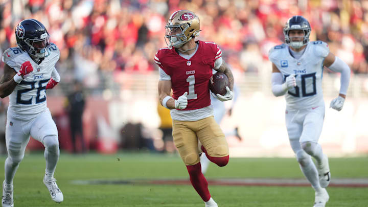 Dec 14, 2025; Santa Clara, California, USA; San Francisco 49ers wide receiver Ricky Pearsall (1) runs with the ball during the third quarter against Tennessee Titans cornerback Marcus Harris (26) and linebacker Cody Barton (50) at Levi's Stadium. Mandatory Credit: Cary Edmondson-Imagn Images Dec 14, 2025; Santa Clara, California, USA; San Francisco 49ers wide receiver Ricky Pearsall (1) runs with the ball during the third quarter against Tennessee Titans cornerback Marcus Harris (26) and linebacker Cody Barton (50) at Levi's Stadium. Mandatory Credit: Cary Edmondson-Imagn Images