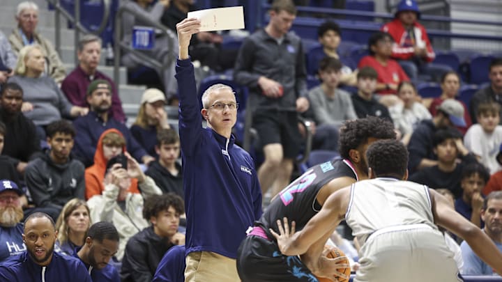 Former Rice Owls men's basketball coach Scott Pera reacts during the first half of the game against the Florida Atlantic Owls at Tudor Fieldhouse.
