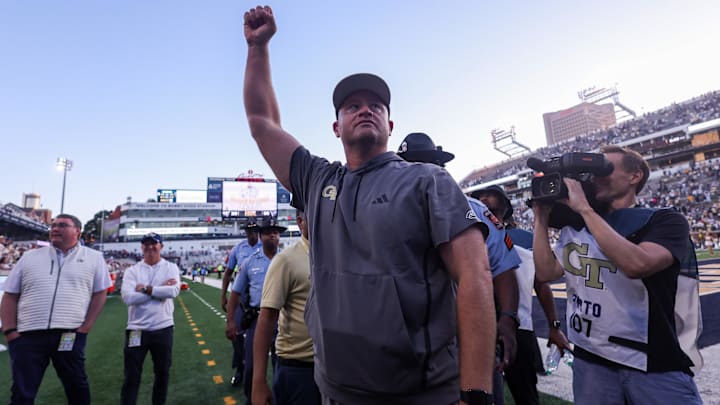 Oct 11, 2025; Atlanta, Georgia, USA; Georgia Tech Yellow Jackets head coach Brent Key celebrates after a victory over the Virginia Tech Hokies at Bobby Dodd Stadium at Hyundai Field. Mandatory Credit: Brett Davis-Imagn Images
