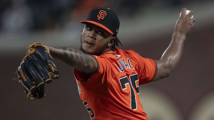 Sep 13, 2024; San Francisco, California, USA;  San Francisco Giants pitcher Camilo Doval (75) pitches during the eighth inning against the San Diego Padres at Oracle Park. 
