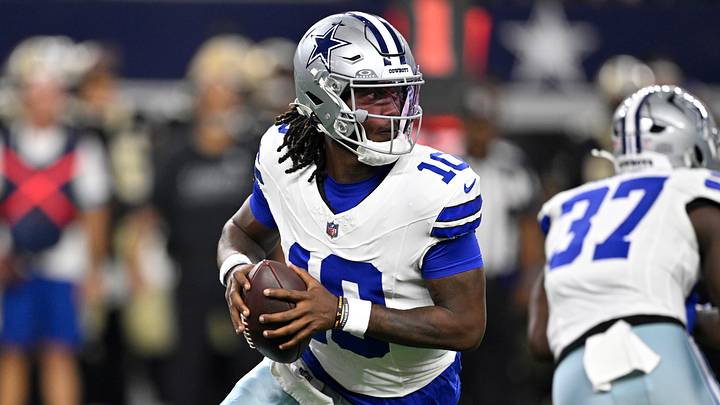 Dallas Cowboys quarterback Joe Milton III (10) looks to pass against the New Orleans Saints in the first quarter at AT&T Stadium.  