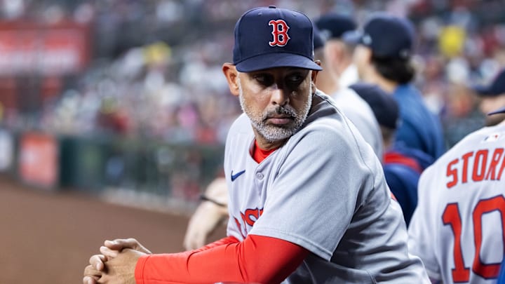 Sep 7, 2025; Phoenix, Arizona, USA; Boston Red Sox manager Alex Cora against the Arizona Diamondbacks at Chase Field. Mandatory Credit: Mark J. Rebilas-Imagn Images