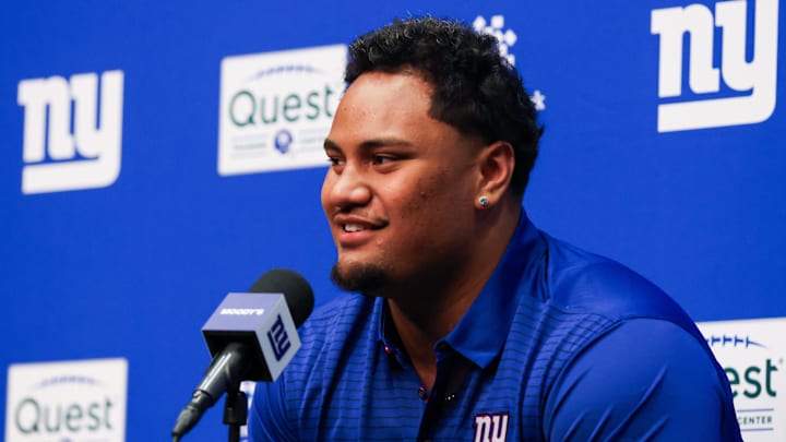 Apr 24, 2026; East Rutherford, NJ, USA; New York Giants draft pick Francis Mauigoa addresses the media during the introductory press conference at Quest Diagnostics Training Center. Mandatory Credit: Tom Horak-Imagn Images