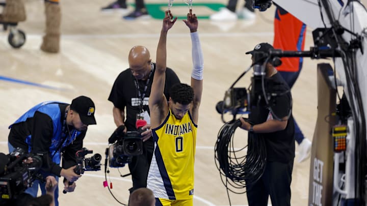 Indiana Pacers guard Tyrese Haliburton stretches before the game 