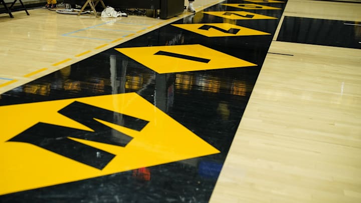 Dec 3, 2023; Columbia, Missouri, USA; A general view of the end court logo prior to a game between the Missouri Tigers and Wichita State Shockers at Mizzou Arena. Mandatory Credit: Denny Medley-Imagn Images