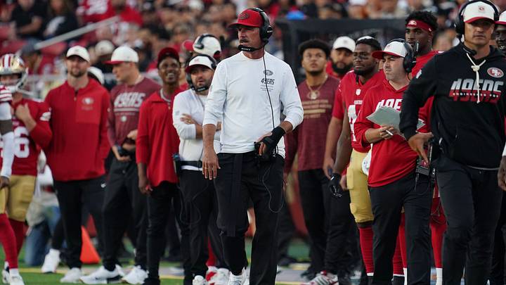Aug 13, 2026; Santa Clara, California, USA; San Francisco 49ers head coach Kyle Shanahan watches the action in the second quarter against the Tennessee Titans at Levi's Stadium. Mandatory Credit: David Gonzales-Imagn Images Aug 13, 2026; Santa Clara, California, USA; San Francisco 49ers head coach Kyle Shanahan watches the action in the second quarter against the Tennessee Titans at Levi's Stadium. Mandatory Credit: David Gonzales-Imagn Images