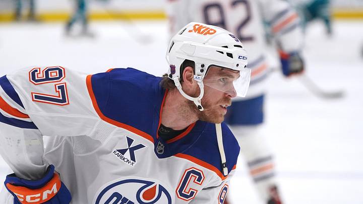 Apr 8, 2026; San Jose, California, USA;  Edmonton Oilers center Connor McDavid (97) warms up before the game against the San Jose Sharks at SAP Center at San Jose. Mandatory Credit: David Gonzales-Imagn Images