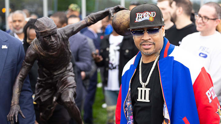 Apr 12, 2024; Camden, NJ, USA; Philadelphia 76ers great Allen Iverson during the unveiling of the statue honoring him in a ceremony at the Philadelphia 76ers Training Complex. Mandatory Credit: Bill Streicher-Imagn Images