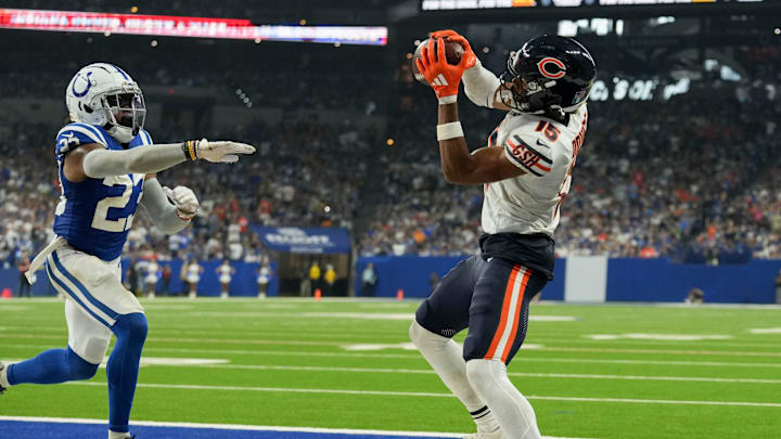 Chicago Bears wide receiver Rome Odunze catches it in front of Colts cornerback Kenny Moore II for his first career TD. Chicago Bears wide receiver Rome Odunze catches it in front of Colts cornerback Kenny Moore II for his first career TD.