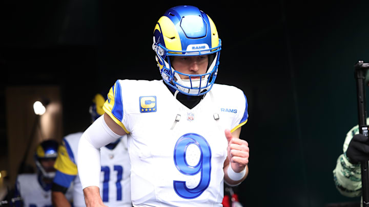 Jan 19, 2025; Philadelphia, Pennsylvania, USA; Los Angeles Rams quarterback Matthew Stafford (9) runs onto the field prior to the game against the Philadelphia Eagles in a 2025 NFC divisional round game at Lincoln Financial Field. Mandatory Credit: Bill Streicher-Imagn Images