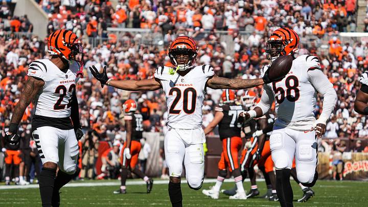 Bengals DJ Turner II (20) celebrates with his team after catching an interception during their game against the Cleveland Browns at Huntington Bank Field on Sunday September 7, 2025. The Bengals won the game with a final score of 17-16.