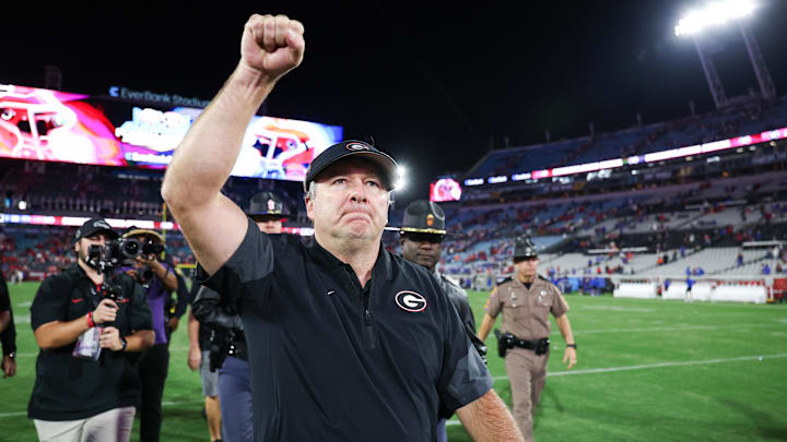 Nov 1, 2025; Jacksonville, Florida, USA; Georgia Bulldogs head coach Kirby Smart celebrates after the game against the Florida Gators at EverBank Stadium. Mandatory Credit: Matt Pendleton-Imagn Images