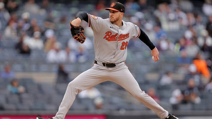 Sep 25, 2026; Bronx, New York, USA; Baltimore Orioles starting pitcher Trevor Rogers (28) pitches against the New York Yankees during the first inning at Yankee Stadium. Mandatory Credit: Brad Penner-Imagn Images