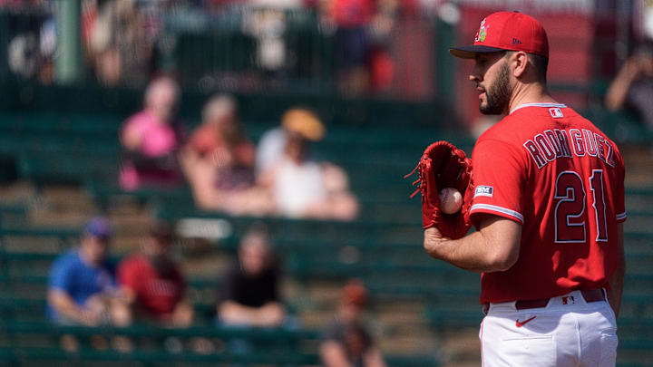 Feb 24, 2026; Tempe, Arizona, USA; Los Angeles Angels pitcher Grayson Rodriguez (21) on the mound to pitch in the first inning against the San Francisco Giants during a spring training game at Tempe Diablo Stadium. Mandatory Credit: Allan Henry-Imagn Images