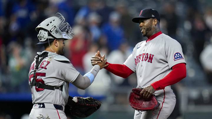 May 20, 2026; Kansas City, Missouri, USA; Boston Red Sox catcher Carlos Narvaez (75) and Boston Red Sox relief pitcher Aroldis Chapman (44) celebrate after defeating the Kansas City Royals at Kauffman Stadium. Mandatory Credit: Jay Biggerstaff-Imagn Images May 20, 2026; Kansas City, Missouri, USA; Boston Red Sox catcher Carlos Narvaez (75) and Boston Red Sox relief pitcher Aroldis Chapman (44) celebrate after defeating the Kansas City Royals at Kauffman Stadium. Mandatory Credit: Jay Biggerstaff-Imagn Images