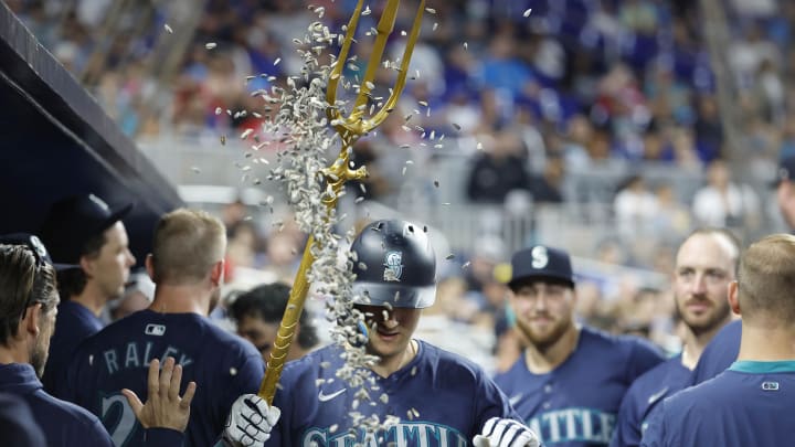 Seattle Mariners right fielder Dominic Canzone celebrates after hitting a solo home run against the Miami Marlins on June 22 at loanDepot Park. Seattle Mariners right fielder Dominic Canzone celebrates after hitting a solo home run against the Miami Marlins on June 22 at loanDepot Park.