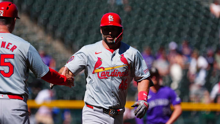 Sep 26, 2024; Denver, Colorado, USA; St. Louis Cardinals first base Paul Goldschmidt (46) celebrates his solo home run in the first inning against the Colorado Rockies at Coors Field. Mandatory Credit: Ron Chenoy-Imagn Images