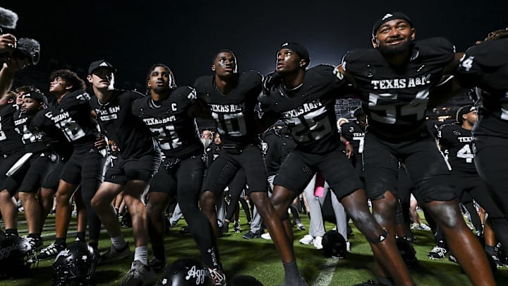 Oct 4, 2025; College Station, Texas, USA; Texas A&M Aggies quarterback Marcel Reed (10) and teammates celebrate after the win over the Mississippi State Bulldogs at Kyle Field. Mandatory Credit: Maria Lysaker-Imagn Images 