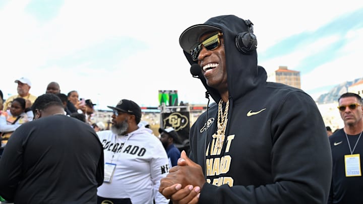 Sep 30, 2023; Boulder, Colorado, USA; Colorado Buffaloes head coach Deion Sanders during an interview prior to the game against the USC Trojans at Folsom Field. Mandatory Credit: John Leyba-Imagn Images