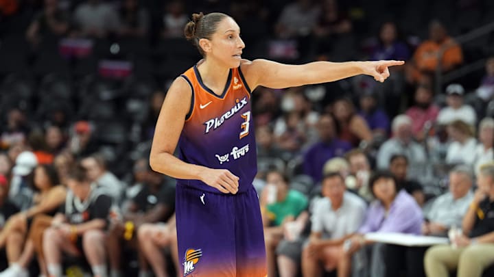 Aug 3, 2023; Phoenix, Arizona, USA; Phoenix Mercury guard Diana Taurasi (3) looks on against the Atlanta Dream during the first half at Footprint Center. Mandatory Credit: Joe Camporeale-Imagn Images