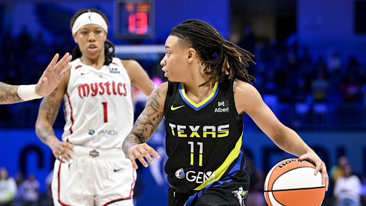 Jun 28, 2025; Arlington, Texas, USA; Dallas Wings guard JJ Quinerly (11) brings the ball up court against the Washington Mystics during the second half at College Park Center. Mandatory Credit: Jerome Miron-Imagn Images