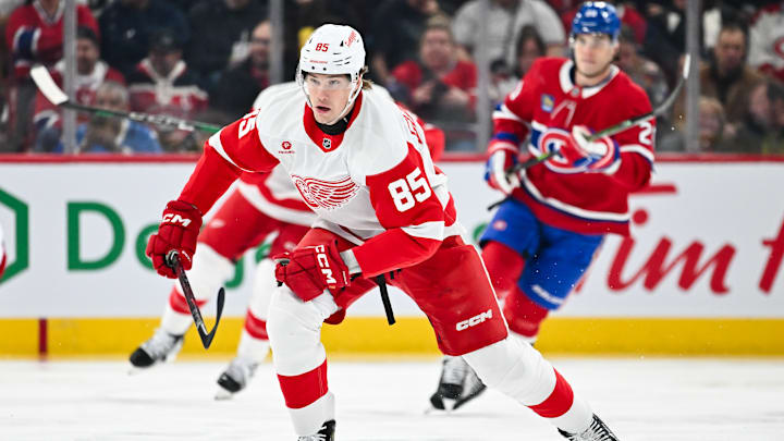 Elmer Soderblom (85) attacks the play during the contest between the Detroit Red Wings and Montreal Canadiens.