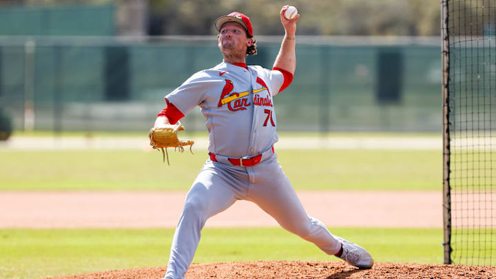 Feb 14, 2026; Jupiter, FL, USA; St. Louis Cardinals pitcher Packy Naughton (71) delivers a pitch during a spring training workout at Roger Dean Chevrolet Stadium. Mandatory Credit: Sam Navarro-Imagn Images Feb 14, 2026; Jupiter, FL, USA; St. Louis Cardinals pitcher Packy Naughton (71) delivers a pitch during a spring training workout at Roger Dean Chevrolet Stadium. Mandatory Credit: Sam Navarro-Imagn Images