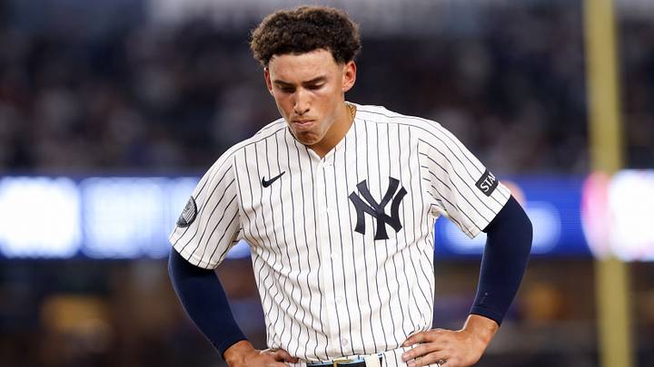 Aug 28, 2026; Bronx, New York, USA; New York Yankees shortstop George Lombard Jr. (96) reacts after an out against the Boston Red Sox during the fifth inning at Yankee Stadium. Mandatory Credit: Tom Horak-Imagn Images Aug 28, 2026; Bronx, New York, USA; New York Yankees shortstop George Lombard Jr. (96) reacts after an out against the Boston Red Sox during the fifth inning at Yankee Stadium. Mandatory Credit: Tom Horak-Imagn Images