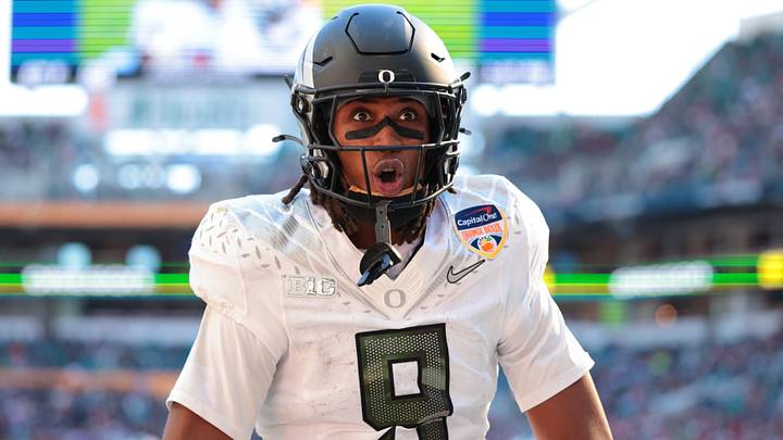 Oregon Ducks tight end Jamari Johnson (9) reacts after a touchdown by a teammate against the Texas Tech Red Raiders during the second half of the 2025 Orange Bowl and quarterfinal game of the College Football Playoff at Hard Rock Stadium. Mandatory Credit: Sam Navarro-Imagn Images Oregon Ducks tight end Jamari Johnson (9) reacts after a touchdown by a teammate against the Texas Tech Red Raiders during the second half of the 2025 Orange Bowl and quarterfinal game of the College Football Playoff at Hard Rock Stadium. Mandatory Credit: Sam Navarro-Imagn Images