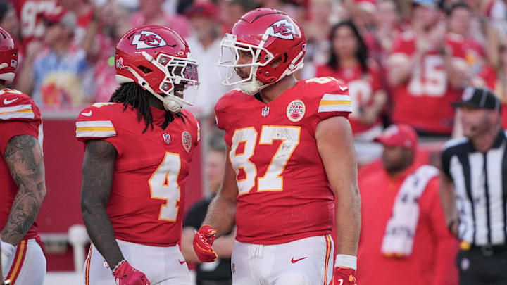 Sep 15, 2024; Kansas City, Missouri, USA; Kansas City Chiefs tight end Travis Kelce (87) celebrates with wide receiver Rashee Rice (4) after a play against the Cincinnati Bengals during the game at GEHA Field at Arrowhead Stadium. Mandatory Credit: Denny Medley-Imagn Images Sep 15, 2024; Kansas City, Missouri, USA; Kansas City Chiefs tight end Travis Kelce (87) celebrates with wide receiver Rashee Rice (4) after a play against the Cincinnati Bengals during the game at GEHA Field at Arrowhead Stadium. Mandatory Credit: Denny Medley-Imagn Images