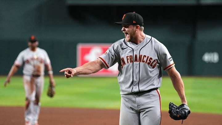 May 19, 2026; Phoenix, Arizona, USA; San Francisco Giants pitcher Keaton Winn (67) reacts after during the seventh inning against the Arizona Diamondbacks at Chase Field. Mandatory Credit: Joe Camporeale-Imagn Images