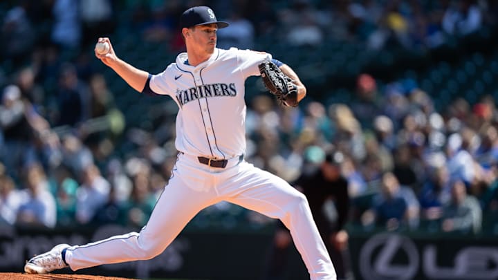 Seattle Mariners starting pitcher Emerson Hancock throws during a game against the Los Angeles Angels on April 30 at T-Mobile Park. Seattle Mariners starting pitcher Emerson Hancock throws during a game against the Los Angeles Angels on April 30 at T-Mobile Park.