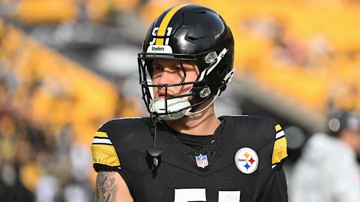 Nov 17, 2024; Pittsburgh, Pennsylvania, USA; Pittsburgh Steelers linebacker Nick Herbig (51) warms up for a game against the Baltimore Ravens at Acrisure Stadium. Mandatory Credit: Barry Reeger-Imagn Images