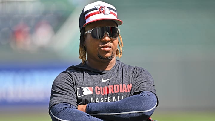 Mar 29, 2025; Kansas City, Missouri, USA; Cleveland Guardians third baseman Jose Ramirez (11) looks on during batting practice before a game against the Kansas City Royals at Kauffman Stadium. Mandatory Credit: Peter Aiken-Imagn Images Mar 29, 2025; Kansas City, Missouri, USA; Cleveland Guardians third baseman Jose Ramirez (11) looks on during batting practice before a game against the Kansas City Royals at Kauffman Stadium. Mandatory Credit: Peter Aiken-Imagn Images