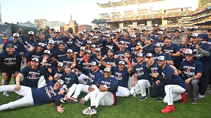 Sep 28, 2025; Cleveland, Ohio, USA;  The Cleveland Guardians celebrate after winning the American League Central Division at Progressive Field. Mandatory Credit: Ken Blaze-Imagn Images