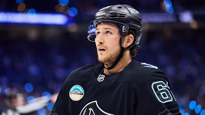 Jan 25, 2026; Seattle, Washington, USA; Seattle Kraken defenseman Brandon Montour (62) looks on during the second period against the New Jersey Devils at Climate Pledge Arena. Mandatory Credit: Blake Dahlin-Imagn Images