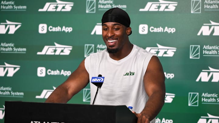 Jun 11, 2025; Florham Park, NY, USA; New York Jets running back Breece Hall (20) speaks at a press conference during minicamp at Atlantic Health Jets Training Center. Mandatory Credit: John Jones-Imagn Images Jun 11, 2025; Florham Park, NY, USA; New York Jets running back Breece Hall (20) speaks at a press conference during minicamp at Atlantic Health Jets Training Center. Mandatory Credit: John Jones-Imagn Images
