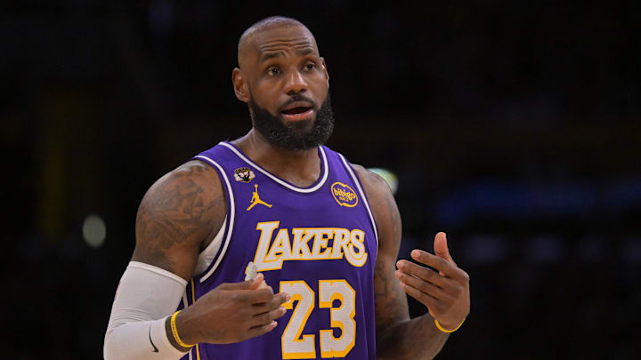 Feb 5, 2026; Los Angeles, California, USA;  Los Angeles Lakers forward LeBron James (23) reacts after a foul in the second half against the Philadelphia 76ers at Crypto.com Arena. Mandatory Credit: Jayne Kamin-Oncea-Imagn Images
