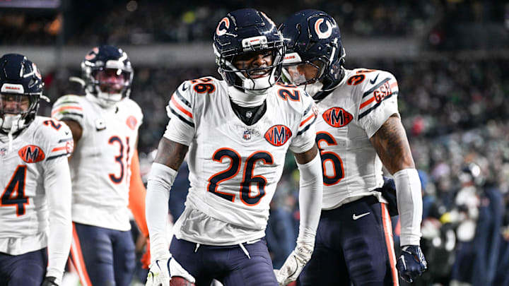 Chicago Bears cornerback Nahshon Wright (26) celebrates after recovering a fumble against the Philadelphia Eagles during the third quarter of the game at Lincoln Financial Field. Mandatory Credit: Eric Hartline-Imagn Images