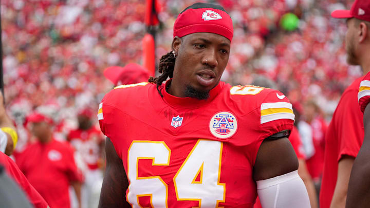 Sep 14, 2025; Kansas City, Missouri, USA; Kansas City Chiefs Wanya Morris (64) during the second half of the game against the Philadelphia Eagles at GEHA Field at Arrowhead Stadium.