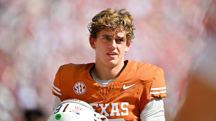 Oct 11, 2025; Dallas, Texas, USA; Texas Longhorns quarterback Arch Manning (16) looks on before the game against the Oklahoma Sooners at the Cotton Bowl. Mandatory Credit: Jerome Miron-Imagn Images Oct 11, 2025; Dallas, Texas, USA; Texas Longhorns quarterback Arch Manning (16) looks on before the game against the Oklahoma Sooners at the Cotton Bowl. Mandatory Credit: Jerome Miron-Imagn Images