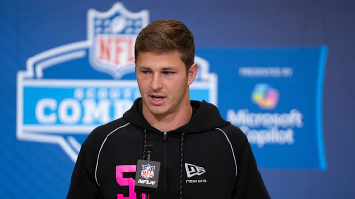 Texas defensive back Michael Taaffe speaks to members of the media during the NFL Combine