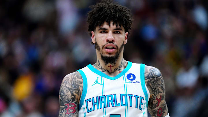 Jan 18, 2026; Denver, Colorado, USA; Charlotte Hornets guard LaMelo Ball (1) during the first quarter against the Denver Nuggets at Ball Arena. Mandatory Credit: Ron Chenoy-Imagn Images